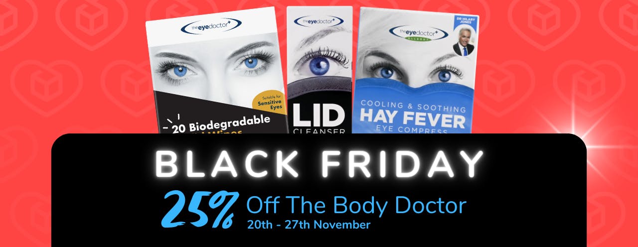 White text on black background saying: 'Black Friday Sale, up to 25% off The Eye Doctor at medino.com'